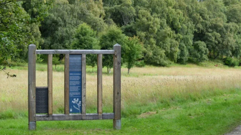 A wooden-framed information board stands in a grassy field at Arrangements Delliefure Natural burial ground, with trees in the background on a bright, clear day.