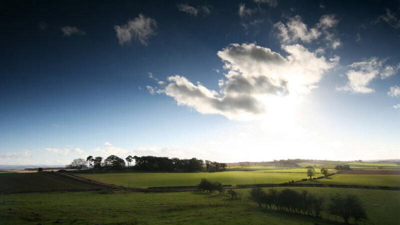 A scenic countryside landscape with green fields, scattered trees, and a clump of trees on the horizon—reminiscent of Hundy Mundy Woodland Burial Ground—beneath a deep blue sky and sunlit clouds. Golden sunlight glows near the horizon.
