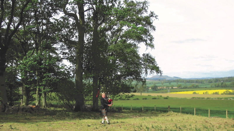 A person in a kilt stands beneath tall trees in a grassy field at Hundy Mundy woodland burial site, holding a set of bagpipes. Rolling green hills and fields with yellow flowers stretch into the distance under a partly cloudy sky.