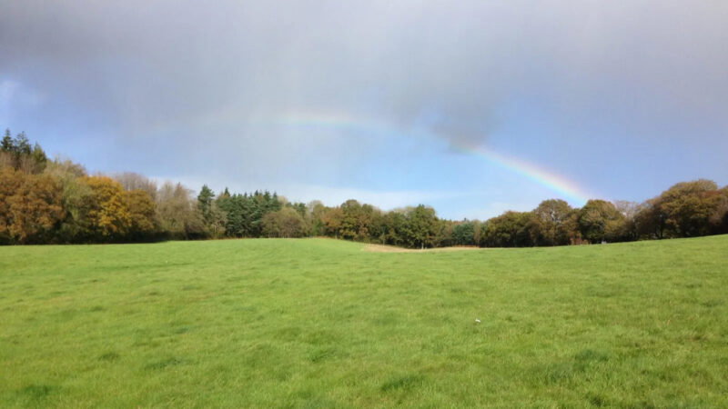 A faint rainbow arcs across a cloudy sky above the Usk Natural Burial Meadow, a large grassy field bordered by trees with a mix of green and autumn-coloured leaves.