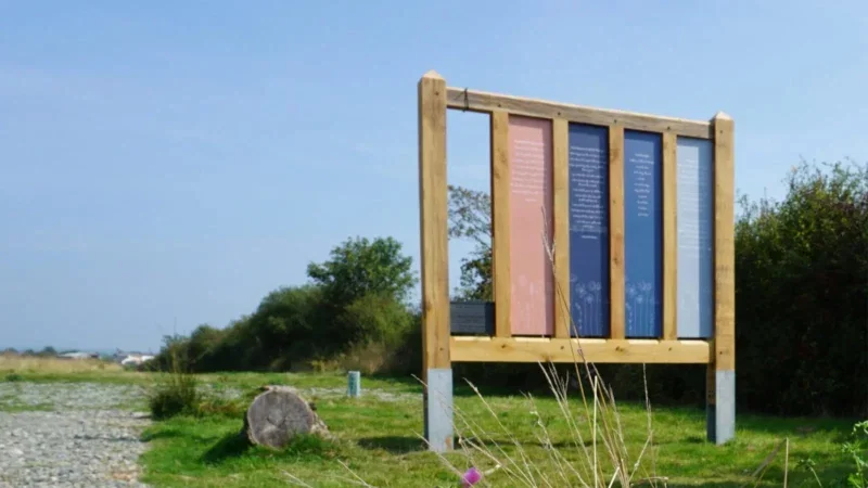 A wooden information board with colourful panels stands on a grassy area beside a gravel path in the Arrangements Pembrokeshire Natural Burial Meadow, with trees and bushes in the background under a clear blue sky.