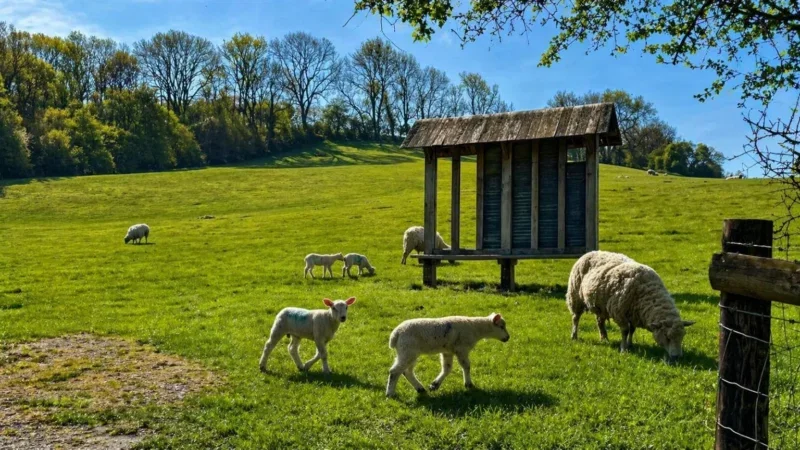Sheep and lambs graze on a green field near a wooden shelter, with trees and blue sky in the background, evoking the tranquil atmosphere of a natural burial site often seen in Arrangements Bath.