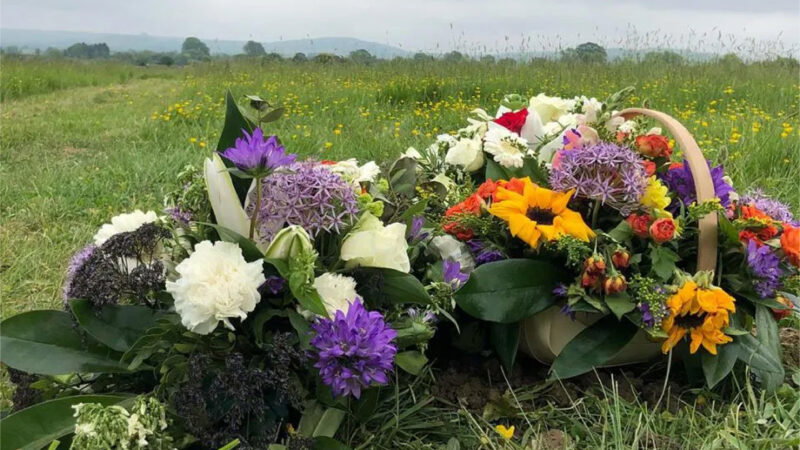 Two large, colourful floral arrangements with white, purple, yellow, and orange flowers are placed on green grass in a field with wildflowers, creating a serene setting for a natural burial under a cloudy sky near Arrangements Bath.