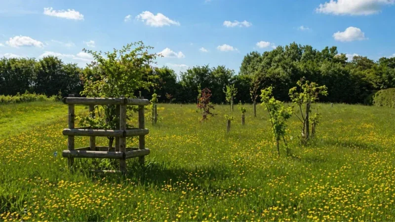 A grassy field with scattered young trees—some supported by wooden frames—and dotted with yellow wildflowers under a blue sky with scattered clouds. Dense green trees border the field in the background, creating a peaceful setting reminiscent of natural burial arrangements found in Aylesbury Vale.