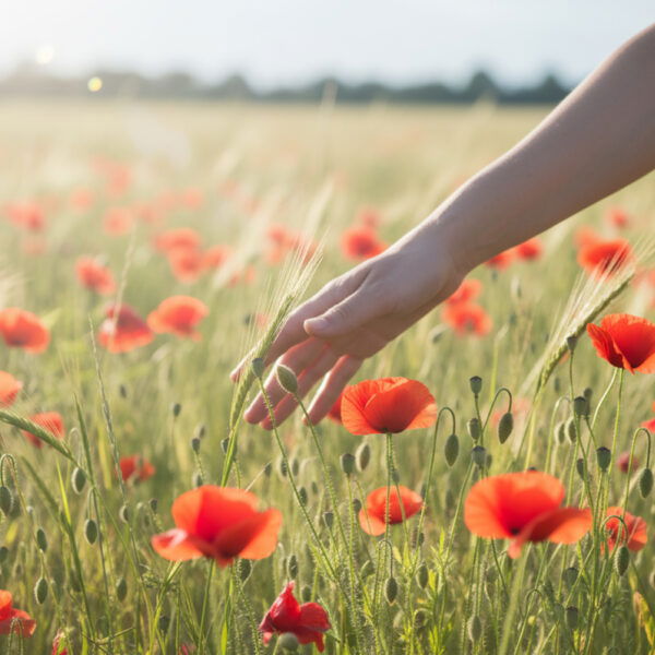 A hand gently touches tall grass and red poppy flowers in a sunlit field, creating a peaceful, summery atmosphere.