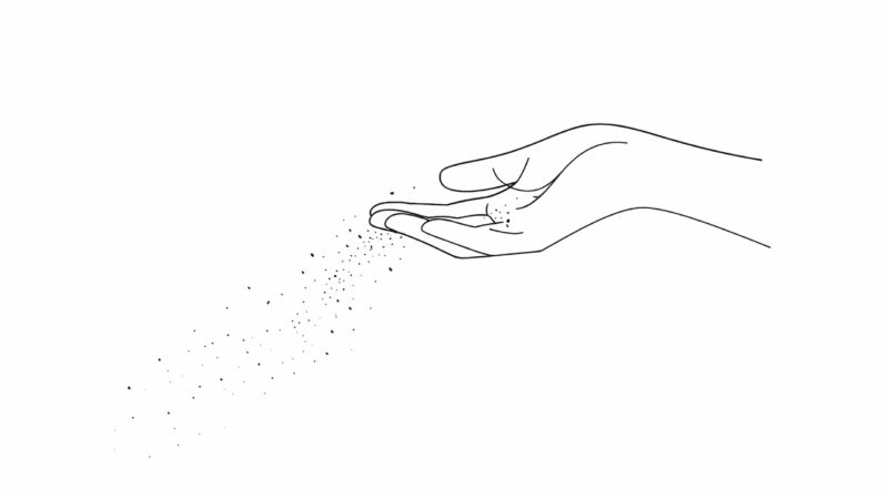 A simple line drawing of a hand tilted downward, gently scattering ashes from the fingertips like grains of sand slipping through fingers. The plain white background adds to the serene mood.