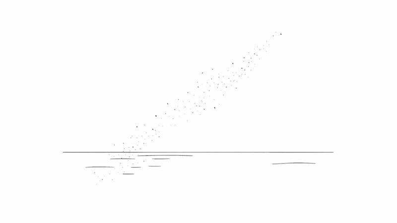 A minimalist drawing of a calm sea with a thin horizon line, faint waves, and a diagonal cluster of small dots in the sky, evoking scattering ashes beneath a starry night or the Milky Way.