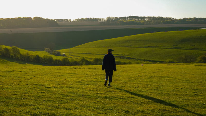 A person wearing dark clothing walks alone across a sunlit, grassy field with rolling green hills and distant trees under a clear sky, evoking why natural burial grounds have long grass.
